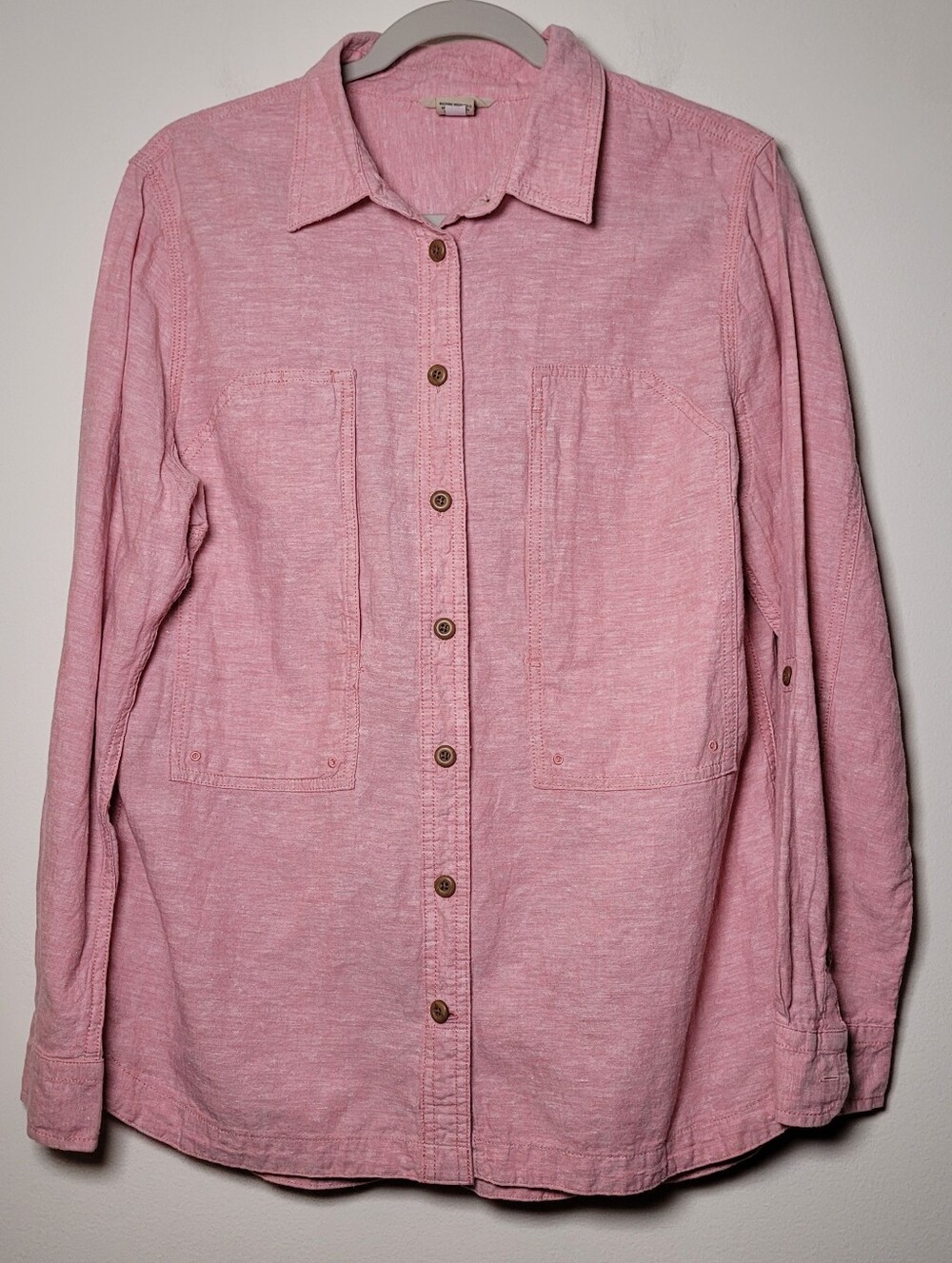 Duluth Trading Men's Pink Long-Sleeve Button Shirt Hem Organic Cotton Zip Pocket